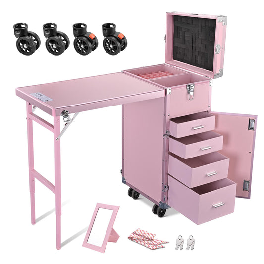Yescom Byootique Rolling Cosmetic Case Nail Table with 4 pcs Replacement Wheels Pink