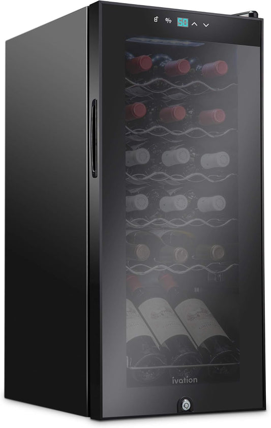 Ivation 18 Bottle Compressor Wine Cooler Refrigerator w\/Lock, Large Freestanding Wine Cellar For Red, White, Champagne or Sparkling Wine, 41f-64f Digital Temperature Control Fridge Glass Door Black