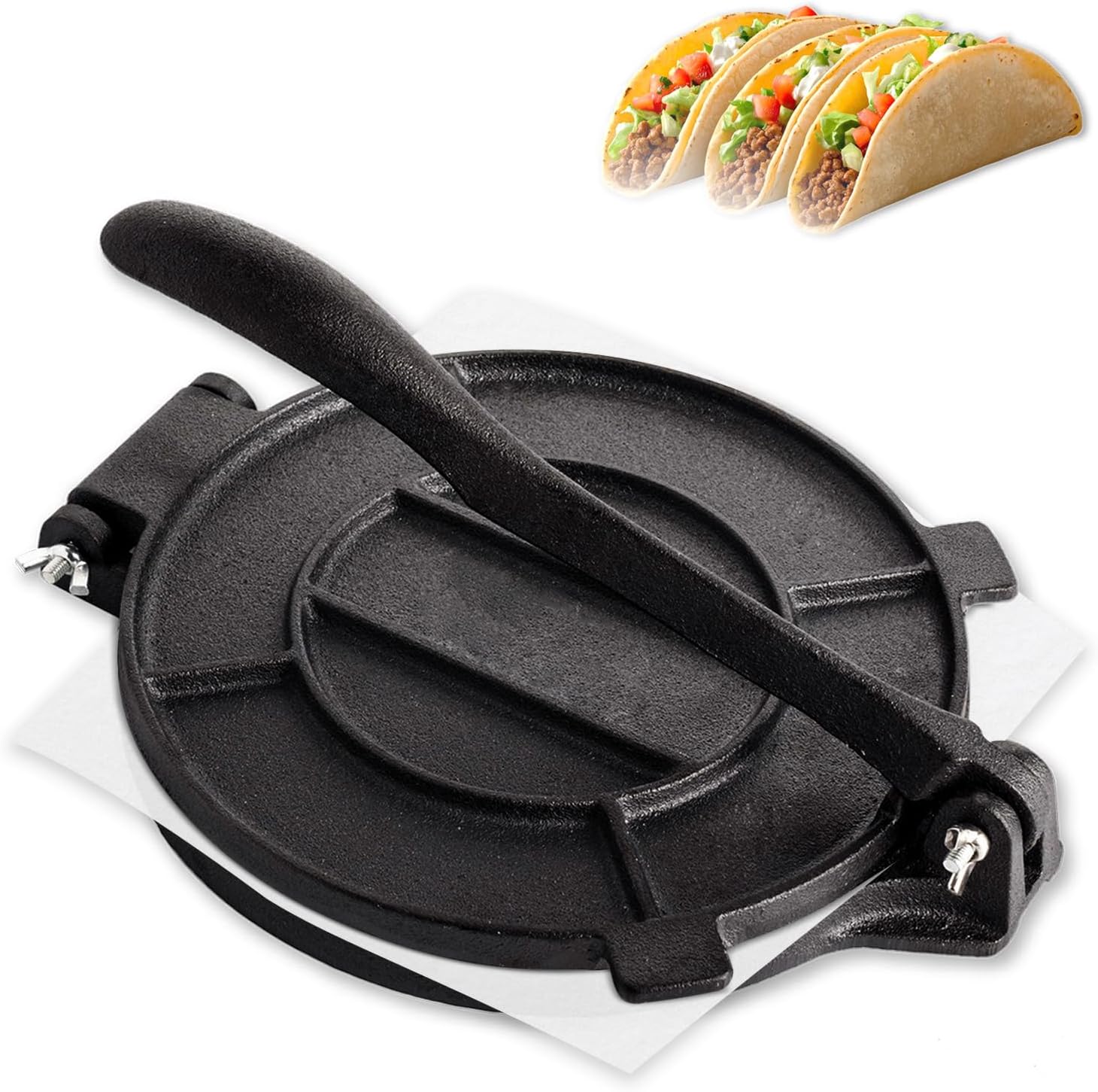 Cast Iron Tortilla Press 12 inch, Heavy Duty Tortilla Pataconera, Flour Tortilla Press with Foldable Handle, Taco press with Some Parchment Paper, Roti Maker, Black