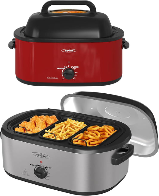 Sunvivi 24 Quart Electric Roaster Oven with Glass Lid and Removable 3-bin Buffet Server