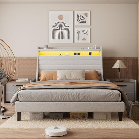 Qeetex Queen Upholstered Bed Frame With Headboard-Storage Platform-2 Drawers-Footboard-Steel Slat Support-No Box Spring Needed