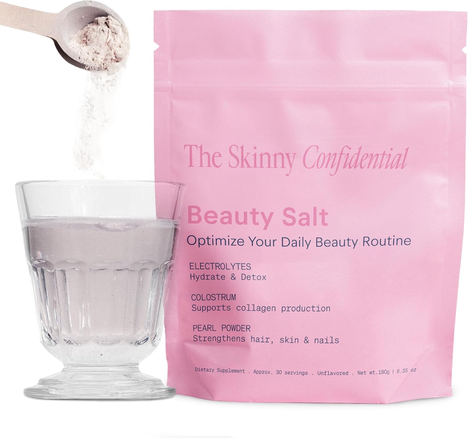 The Skinny Confidential Beauty Salt- Hydration Powder Contain Grass-Fed Colostrum, Electrolytes & Pearl Powder - Supports Immunity & Digestive Health, Glowing Skin & Radiant Hair - Gluten Free