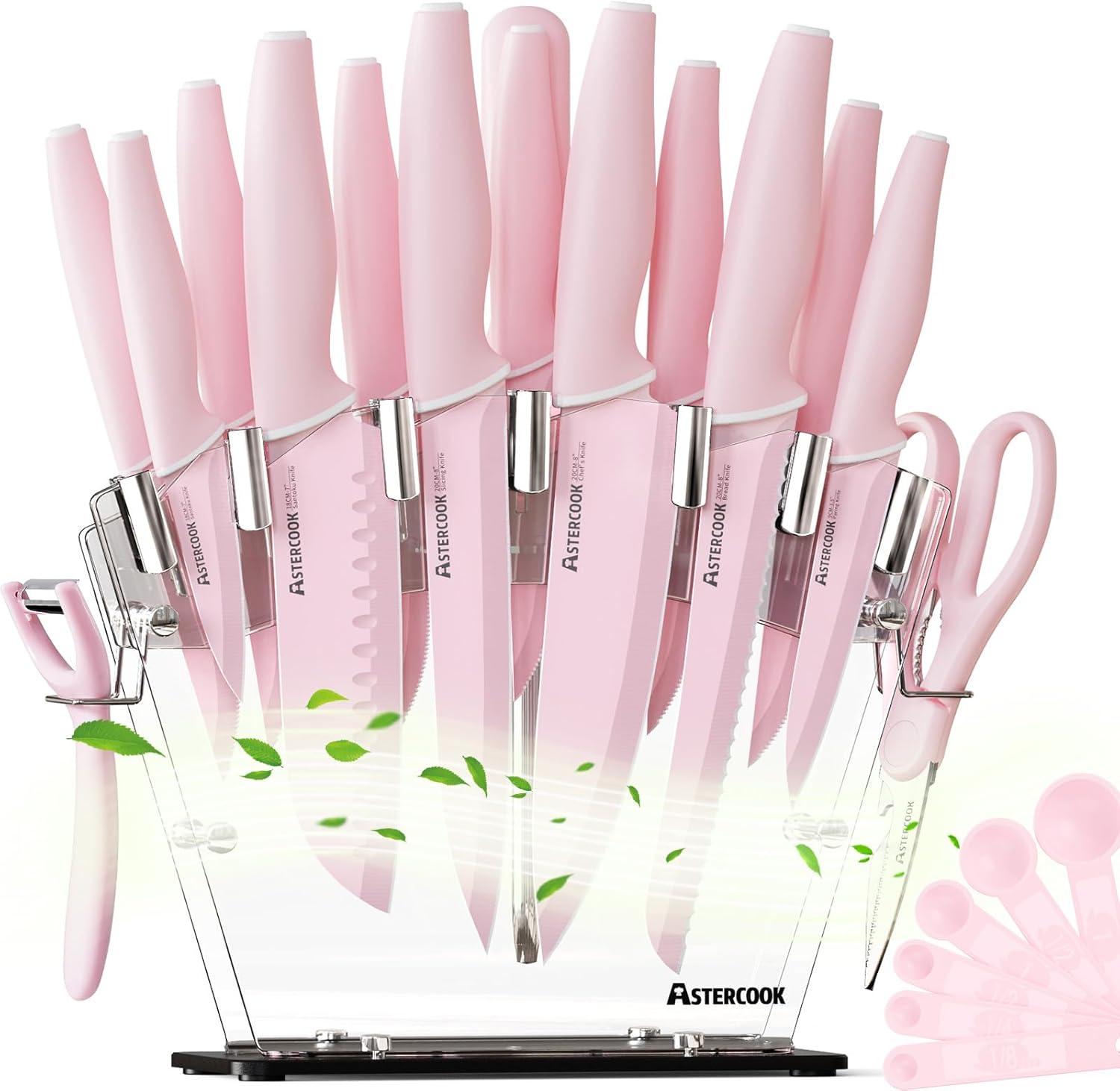 Astercook Kitchen Knife Set with Block and Sharpener 22 Piece German High Carbon Stainless Steel Knives Sharp Blade Dishwasher Safe Knife Set with Anti-slip Ergonomic Handle, Crystal Pink