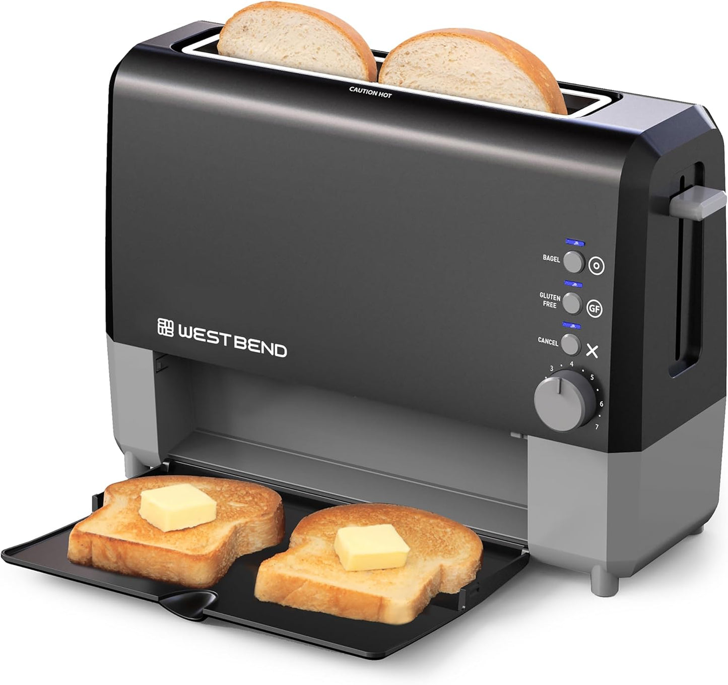 West Bend QuikServe Toaster, 2-Slice Wide-Slot Slide-Through Bread Toaster with Bagel and Gluten-Free Settings and Cool-Touch Exterior Fast Toasting, Includes Removable Serving Tray, 1400-Watts, Black