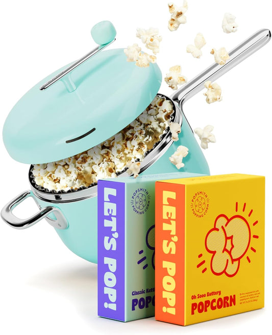 POPSMITH Mint Stovetop Popcorn Machine - 6 Quart, 10 Popcorn Kits (5 Movie Theater, 5 Kettle Corn), Stainless Steel