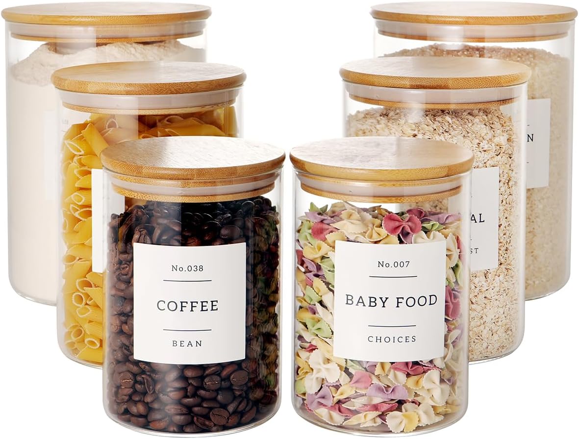 CZZGSM Set of 6 Glass Flour and Sugar jars with 132 Kitchen Pantry Labels - Thicken Large Glass Storage containers with Airtight Bamboo Lid - Glass Rice Canisters for Salt Coffee(100OZ\/54OZ\/27OZ)
