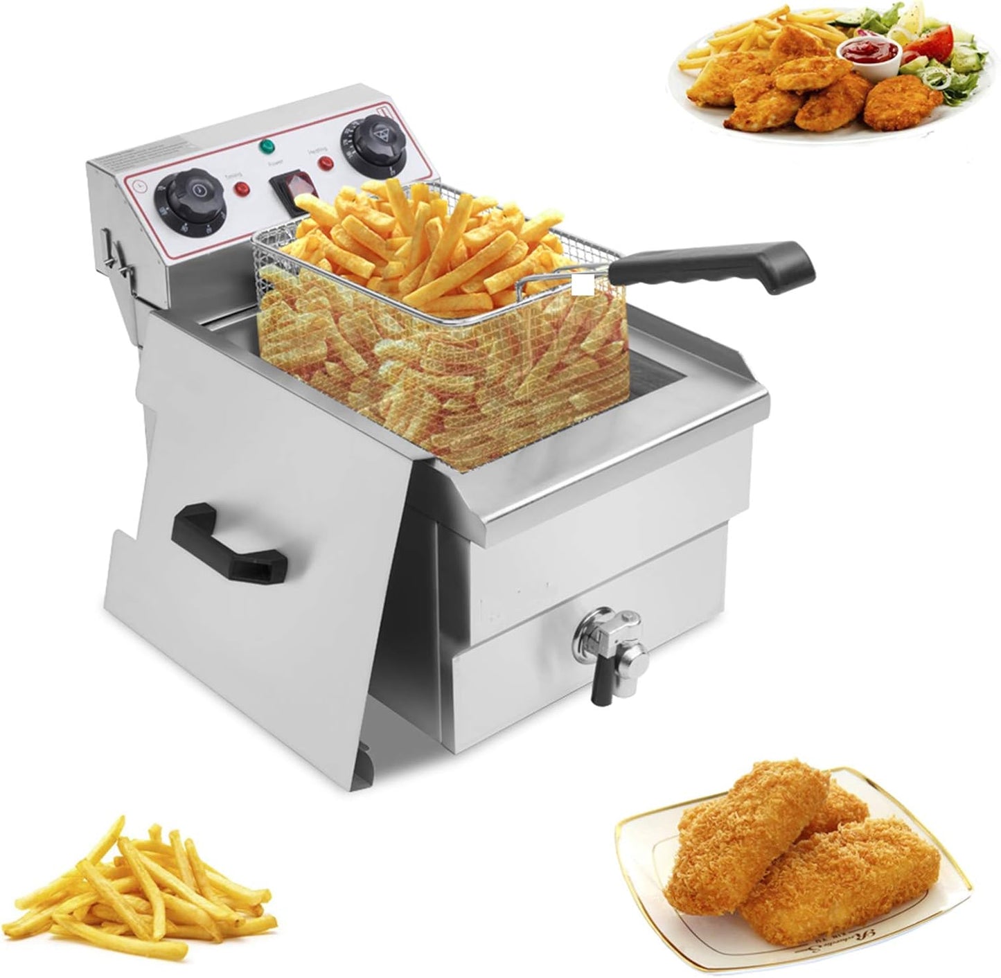 Deep Fryers Heavy Duty Commercial Electric Deep Fryers Stainless Steel Faucet 60-Minute Timers Home Electric Deep Fryer with Removable Basket, Large Handle and Lid Cover (Single Tank, 8.5QT/8L)