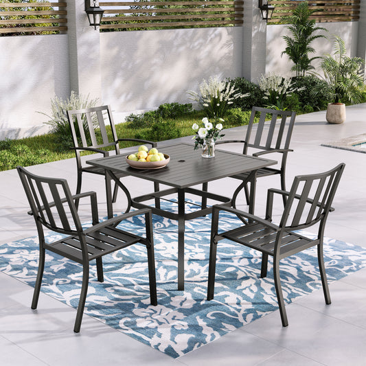 Sunshine Valley Outdoor Table and Chairs 5 -Piece Black Patio Dining Set Steel Square Table with 4 Stackable Stationary Chairs