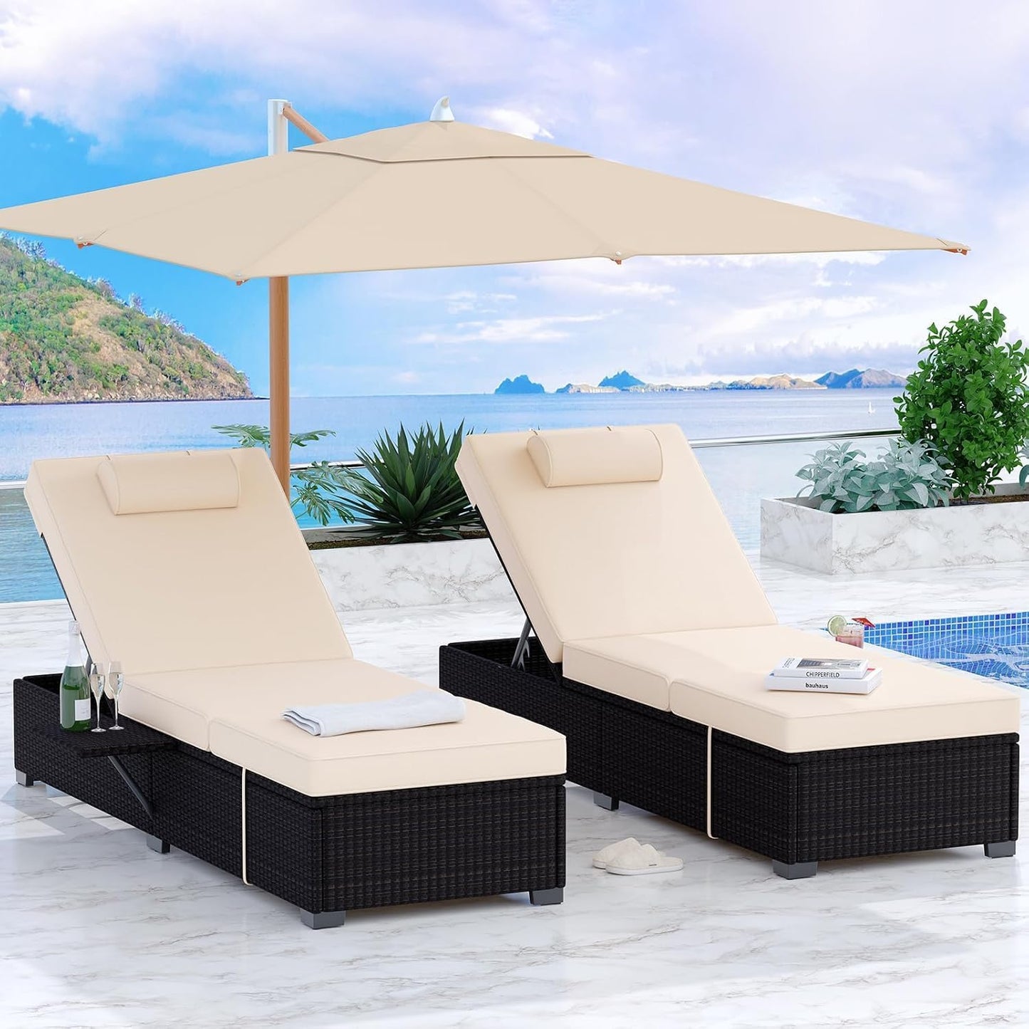 Qeetex 78inch Outdoor PE Wicker Chaise Lounge Chairs Set of 2 Adjustable Reclining Pool Lounge Chairs with Cushions and Foldable Tabletop Brown Rattan Patio Sun Loungers for Garden Backyard Beach Brown