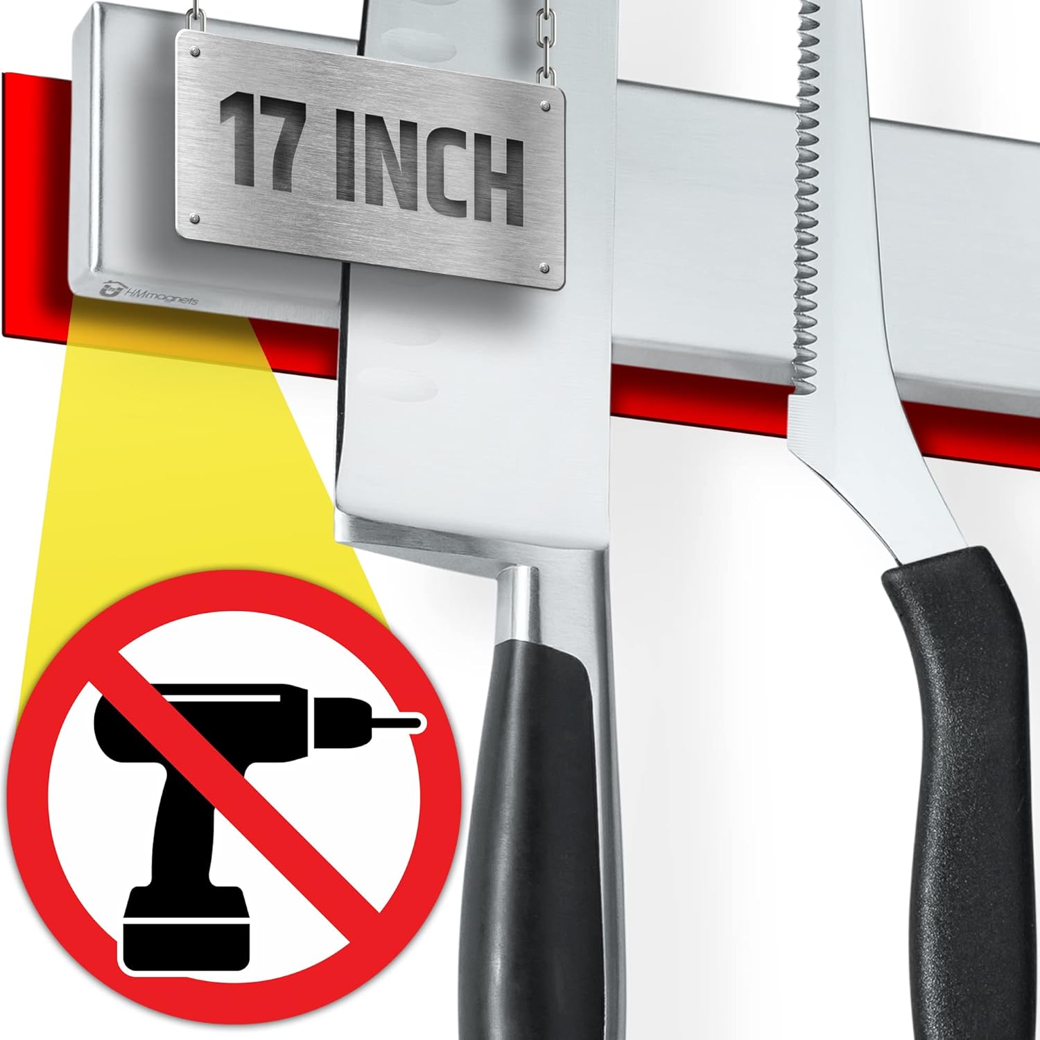 Strong Adhesive (No Drill) Magnetic Knife Holder for Wall - Professional 17 Inch Knife Strip - No Screws Needed - Adhesive Backing - Stainless Steel Knife Bar (Upgraded Version \u2013 Will Not Fall)