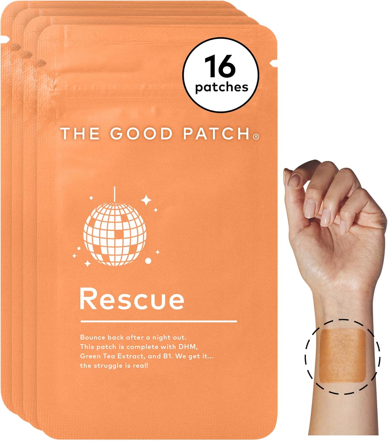 The Good Patch Rescue Recovery Patch, Natural Patch with DHM, Vitamin B1, and Green Tea, Plant-Powered Wearable Wellness, Support After a Night Out (16 Total Patches)