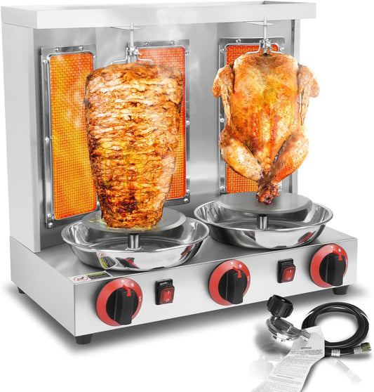 3 Burners Shawarma Grill Machine Gas Vertical Rotisserie Chicken Machine, 30 lbs Capacity Countertop Rotating Broiler Gyro Meat, 110V