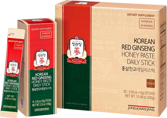 Korean Red Ginseng Honey Paste Daily Stick | Poria Mushroom, Rehmannia Extract Hong Sam Jin Go Daily | Natural Energy Booster for Men & Women, Pre Workout | 30 Count
