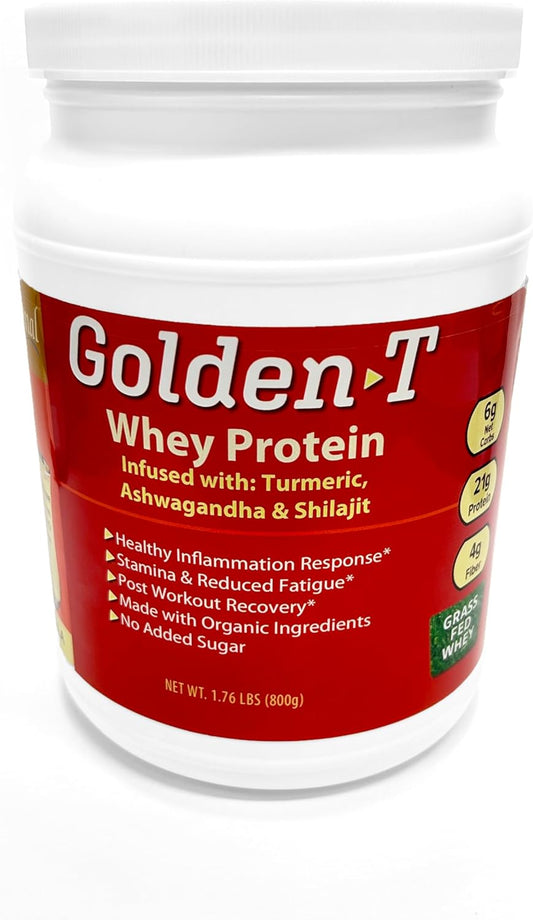 Golden-T Whey Protein, Vanilla - 1.76 lbs (800g), Post Work Out, Grass Fed Whey, Turmeric, Ashwagandha & Shilajit