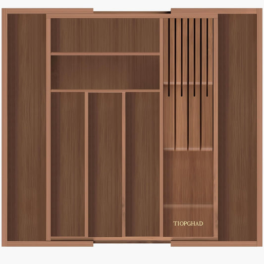 TIOPGHAD Bamboo-Silverware-Drawer-Organizer-Kitchen, Expandable Utensil Holder Cutlery Tray Flatware Organization Adjustable Wood Tableware Dividers Storage (with Removable Knife Block)(Brown)