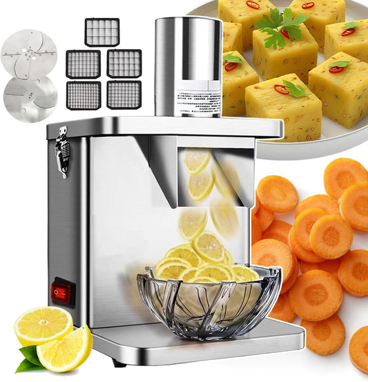 Commercial Electric Vegetable Dicer, Kitchen Food Processor Machine for Potato, Onion, Cucumber, with Dicing Knife Nets and Slicing Blade, Shredding Blade