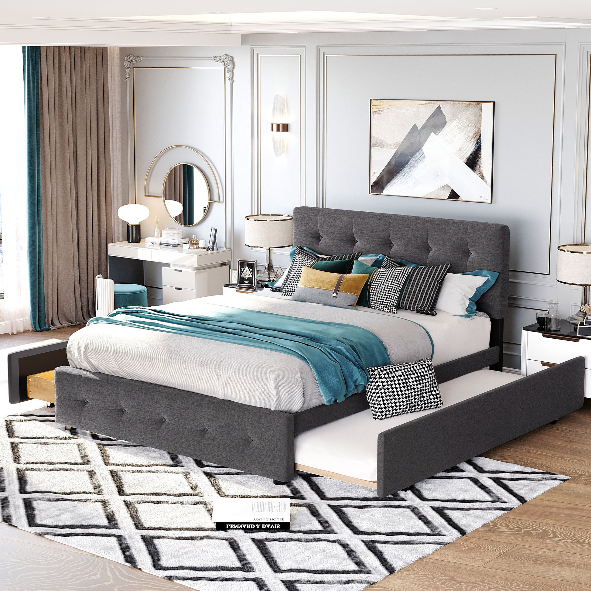 ModernLuxe Upholstered Platform Bed with 2 Drawers and 1 Twin XL Trundle  Linen Fabric Queen Size  Dark Gray