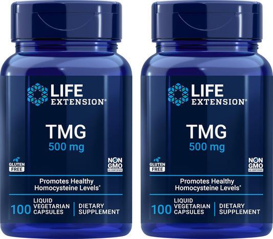 Life Extension TMG 500mg, 100 Liquid Veg Caps (Pack of 2) - Trimethylglycine (Glycine Betaine) Supplement - Gluten Free, Non-GMO, Vegetarian