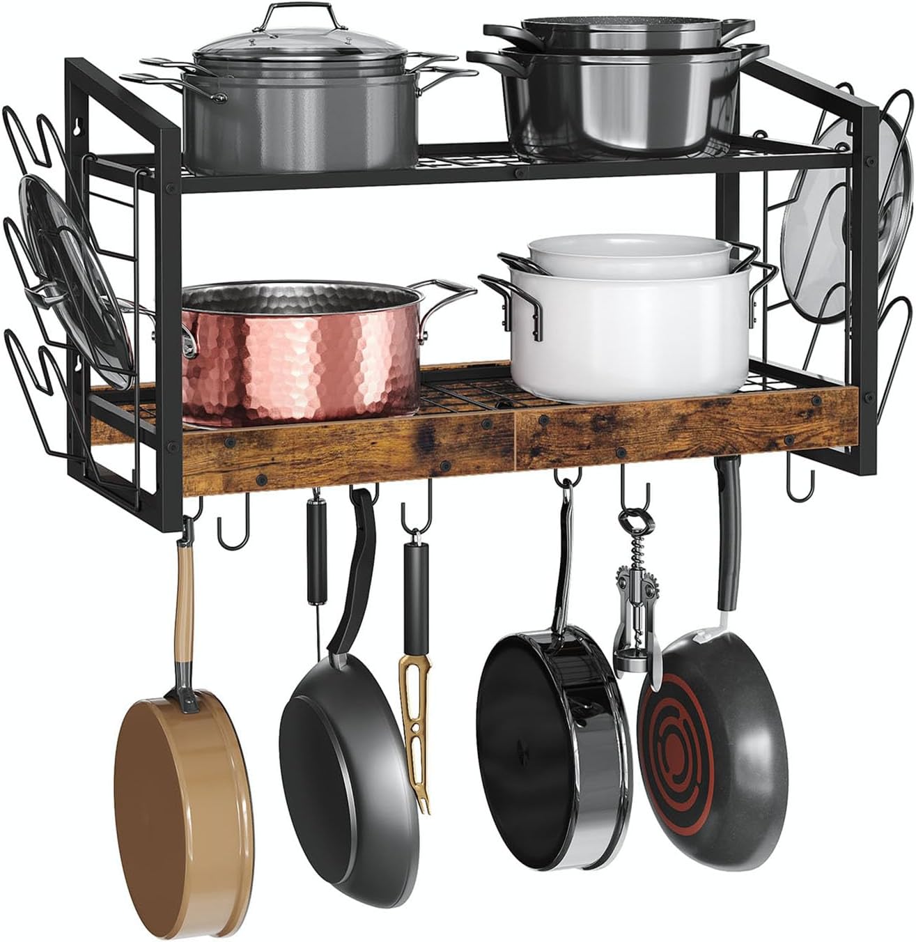 CHOEZON Hanging Pot Rack, Pot Rack Wall Mounted, 2-Tier Kitchen Pot and Lid Organizer, Wall-Mounted Pot Rack with 12 Hooks, for Kitchen Storage of Pots, Pans, Utensils, Rustic Brown TPR02BF