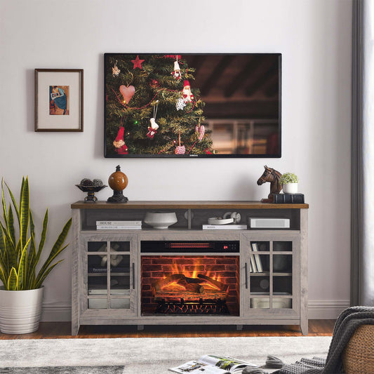 Fun Orange 55-in W Gray Wash TV Stand with Infrared quartz Flat wall Electric Fireplace with Remote Control Included