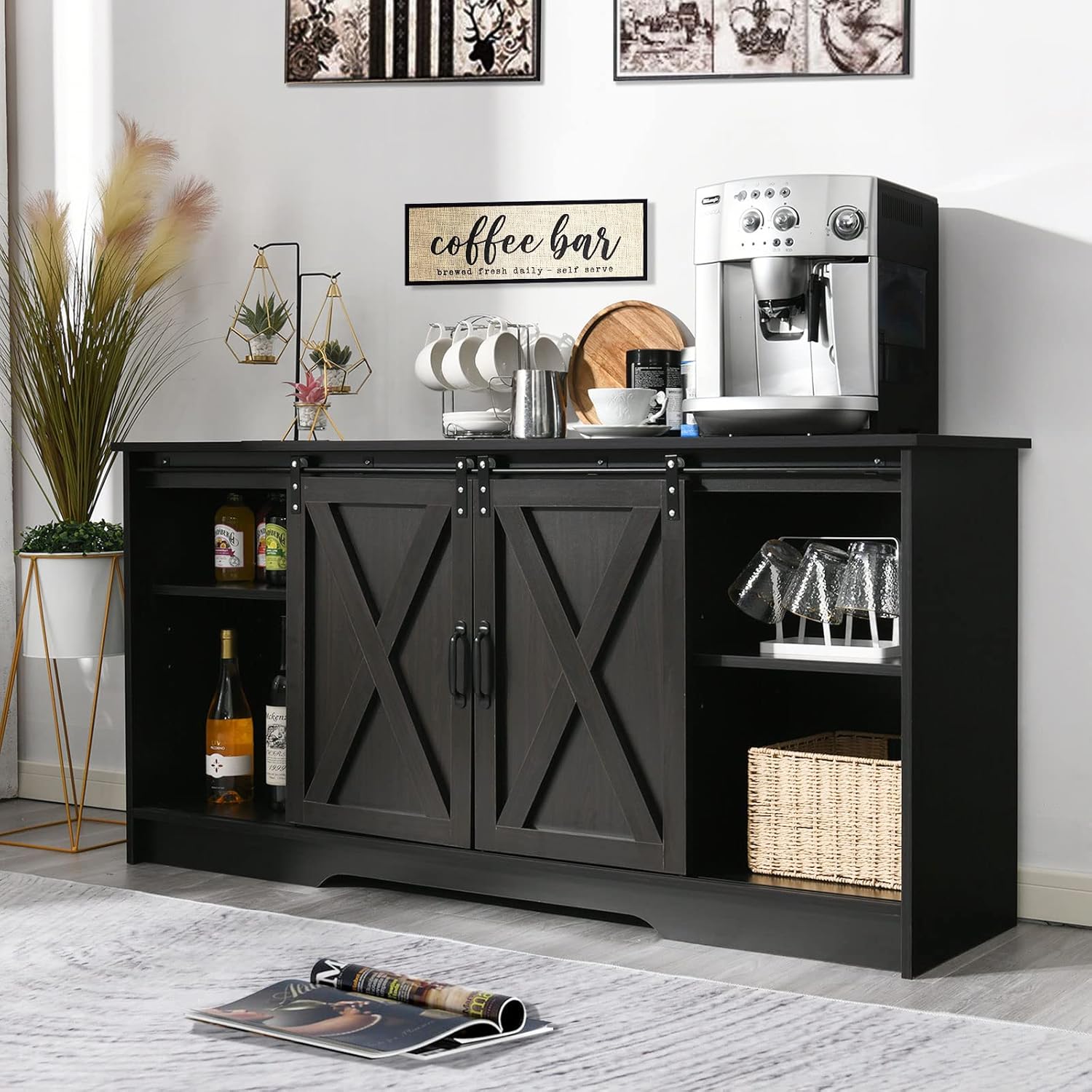 4 EVER WINNER Farmhouse Coffee Bar Cabinet, 59" Large Kitchen Storage Cabinet with Sliding Barn Doors, Buffet Cabinet with Storage Cupboard for Kitchen, Dining Room, Espresso