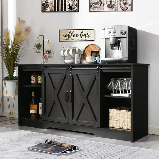 4 EVER WINNER Farmhouse Coffee Bar Cabinet, 59" Large Kitchen Storage Cabinet with Sliding Barn Doors, Buffet Cabinet with Storage Cupboard for Kitchen, Dining Room, Espresso