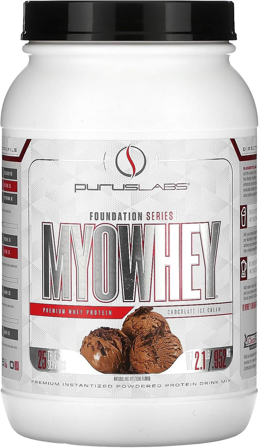 Purus Labs MyoWhey Premium Whey Protein | Instantized Whey Mixes Easily | Rich in BCAAs | 25g Protein | Keto Friendly | 25 Servings (Chocolate Ice Cream)