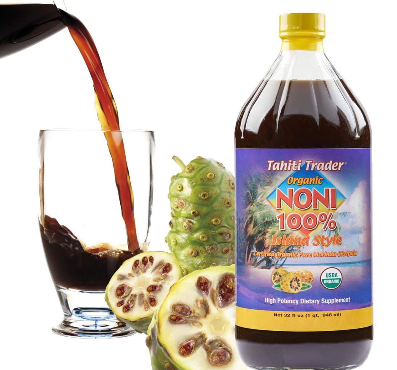 Tahiti Trader Island Style High Potency Noni Juice - Pure Noni Fruit Juice Fermented to Vinegar - Organic Antioxidant Superfood Supporting Energy & Body Health - (32oz, 1 Pack)
