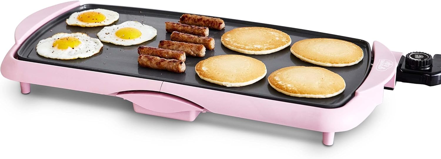 GreenLife 20\u201D Extra Large Electric Griddle, Non-Toxic PFAS-Free Ceramic Nonstick, Temperature Control, Quick Even Heating, Removable Drip Tray, Pancakes, Eggs, Sausage, Easy Clean, Pink