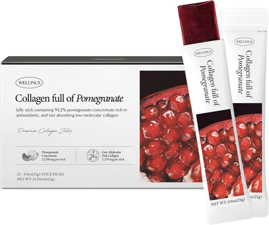 Korean Collagen Jelly Sticks - 25 Pomegranate Flavored Marine Collagen Peptide Snacks for Anti-Aging- Collagen Protein Sugar-Free, Travel Packs for Hair & Nail Strength