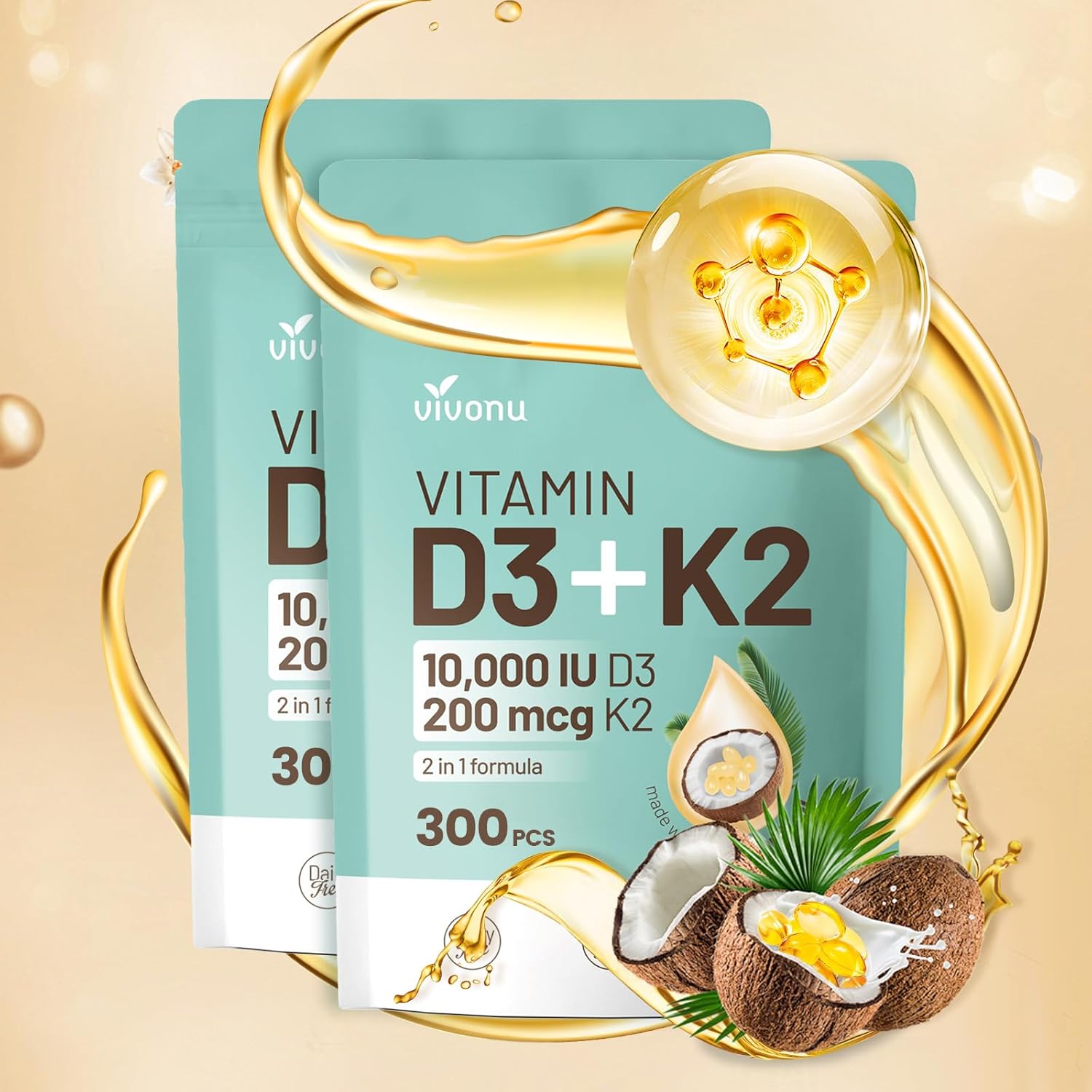 Vitamin D3 10000 iu Plus K2 (MK-7) 200 mcg, 300 Coconut Oil Softgels| 2 in 1 VIT D & K Complex | Supports Calcium Absorption, Bone, Immune, & Heart Health \u2013 Easy to Swallow (600 Softgels \/2 Bag)