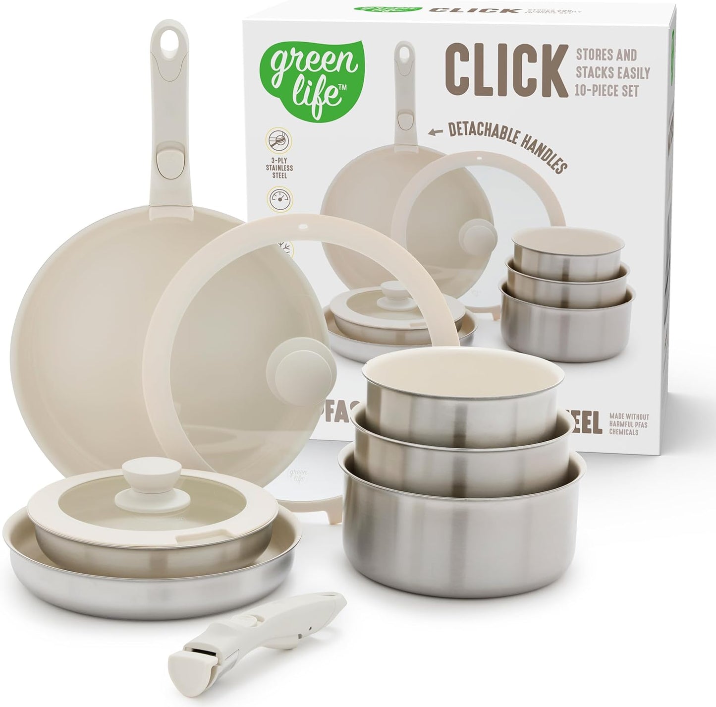 GreenLife Stainless Steel Nonstick 10 Piece Cookware Set, Detachable Handle, Induction Ready, Stackable Kitchen Set, Tri Ply Ceramic PFAS Free Pots & Pans, Space Saving, Oven Safe, Glass Lid, Silver