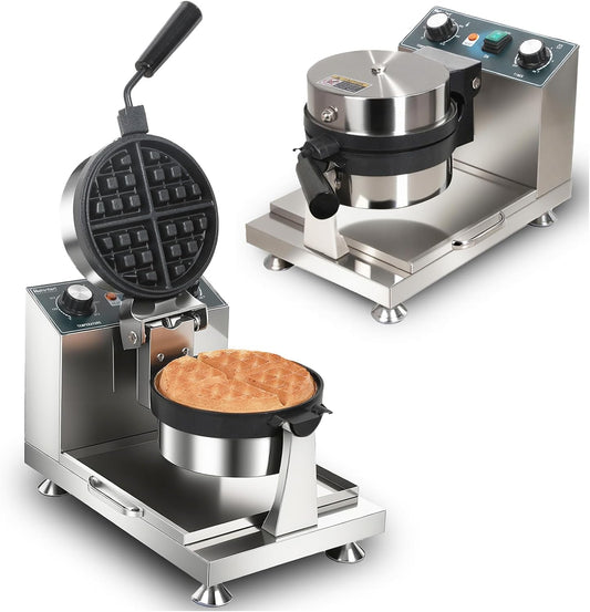 Hehinton® 110V 1300W Commercial Belgian Waffle Maker, 180 Degree Rotatable Waffle Baker Machine with 122-572℉ Temp Control, 0-5min Timer, φ7"X1.2" Thick Non-Stick Dough/Batter Round Waffle Maker