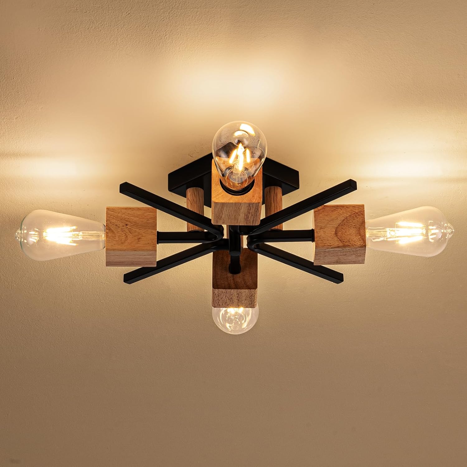 fengkeDU 4 Light Sputnik Light Fixture Black Flush Mount Lights Industrial Ceiling Light Wood 22" Modern Farmhouse Ceiling Lights for Kitchen Bedroom Bathroom Foyer Hallway(E26)