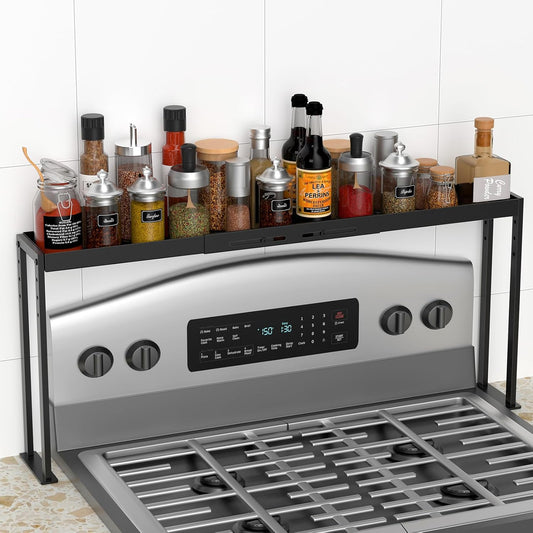 ZDDLOINP Spice Rack Shelf for Kitchen Stove, Adjustable 27 to 33 Inch Spice Rack Organizer, 4 Level Adjustable Height Stove Top Shelf for Kitchen, Over the Stove Shelf for Curved Stove, Black