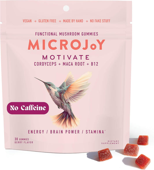 Microjoy Motivate Gummies \u2013 Energy, Stamina & Brain Support with Cordyceps Mushrooms, Maca & Vitamin B12 \u2013 Vegan, Gluten-Free, Non-GMO \u2013 Berry Flavor \u2013 30 Servings