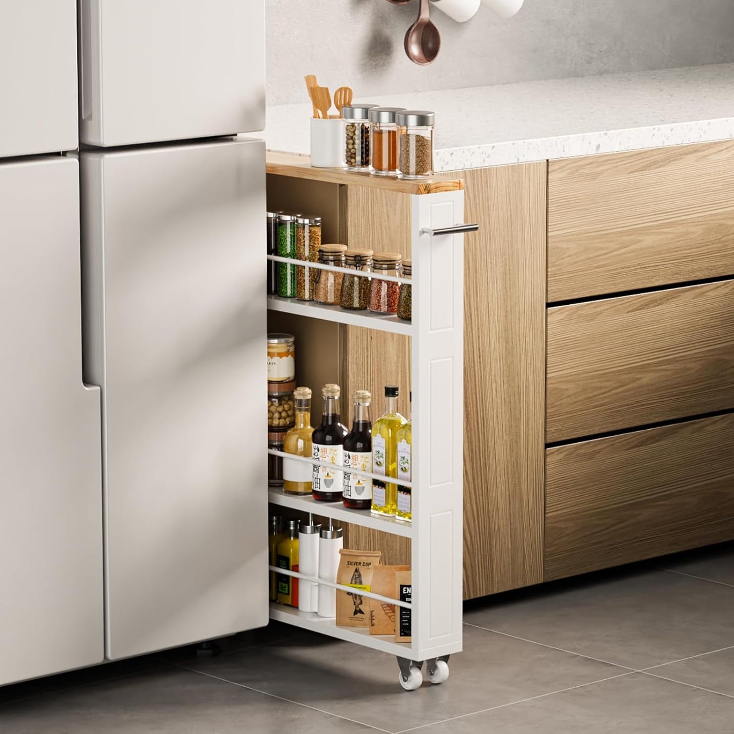 KLM 4 Tier White Slim Storage Cart with Handle, Slide Out Storage Rolling Utility Cart for Kitchen, Laundry, Narrow Places