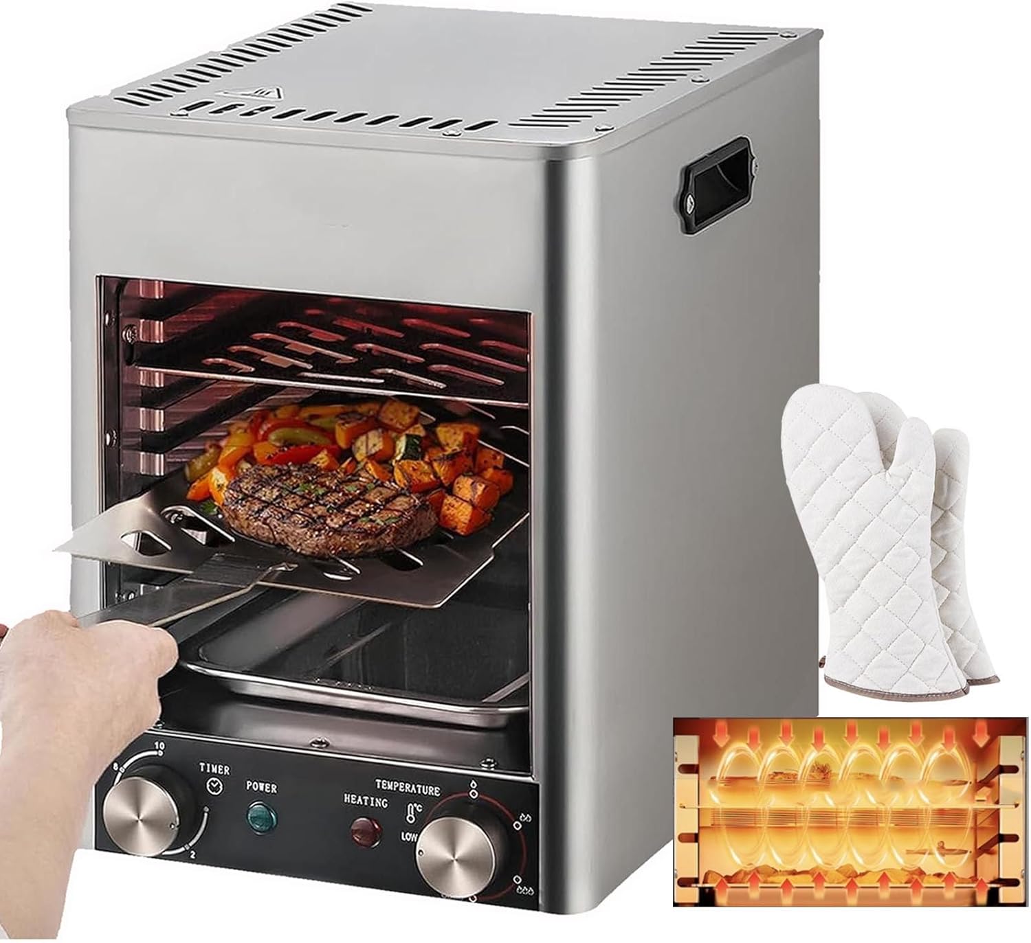 1700w Electric Steak Broiler,Electric Contact Grills+Gloves With 10-Layer Grill\/Stepless Knob\/Time&Temperature Adjustable\/Maximum Temperature 800℃,For Commercial And Home,Grey