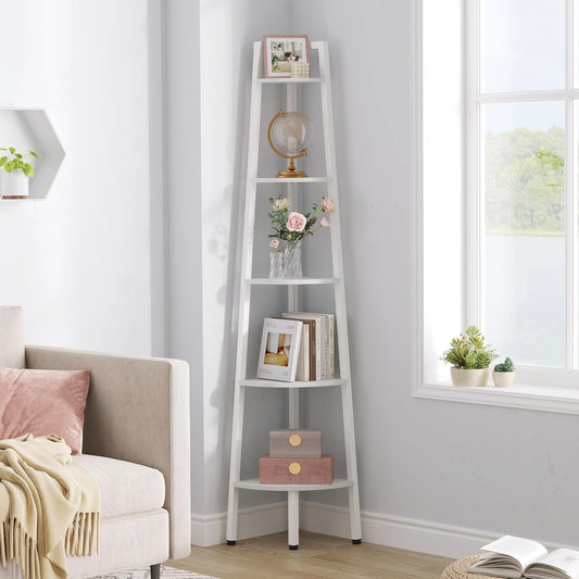 Hoctieon Corner Shelf, 5-Tier Corner Bookshelf, Rustic Ladder Shelf, Industrial Display Stand for Living Room, Kitchen, Home Office, Balcony, Small Space, Metal Frame, White