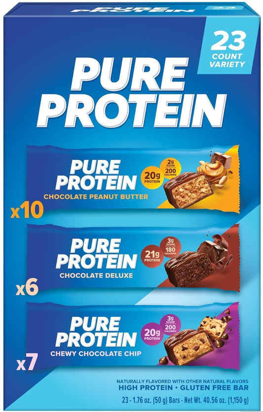 Pure Protein Bars, Variety Pack, 1.76 oz/bar x total 23 count (10 x Chocolate Peanut Butter + 6 x Chocolate Deluxe + 7 x Chewy Chocolate Chip)