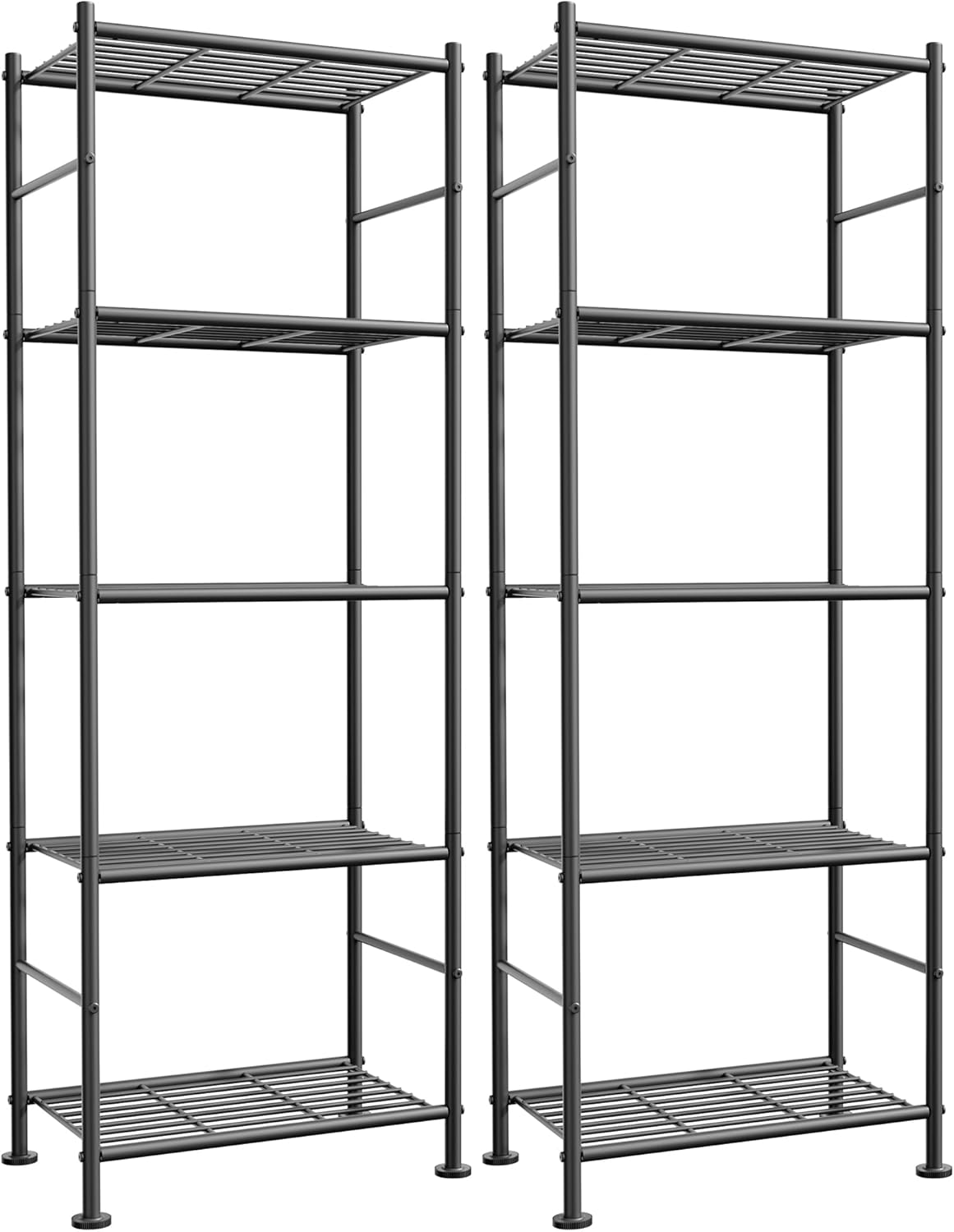 Sakugi Storage Shelves - Set of 2, 5-Tier Metal Shelf Organizer, Space-Saving Garage Shelving with Leveling Feet, Standing Shelves Organizer for Kitchen, Laundry, Pantry (18.1" x 12.3" x 56.8", Black)