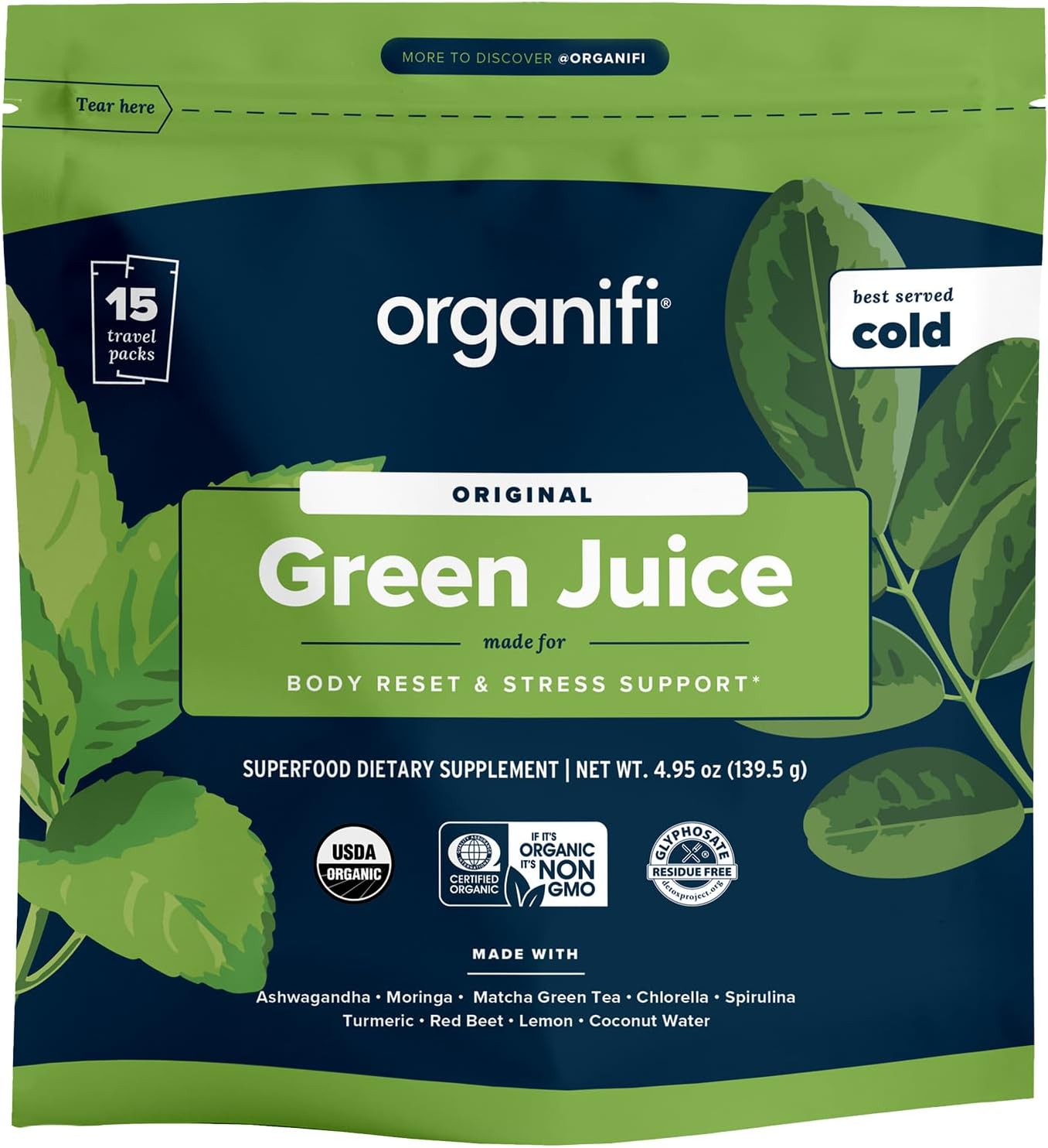 Organifi: GO Packs - Green Juice - Organic Superfood Supplement Powder - 15 Travel Packs - Organic Vegan Greens - Hydrates and Revitalizes