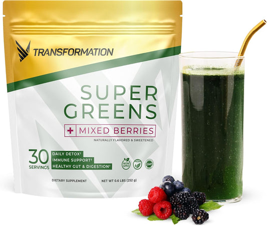 Transformation Super Greens Superfood Green Juice Powder - Immune & Energy Support | Natural Ingredients | Detoxifying & Alkalizing Minerals - Spirulina, Chlorella, Wheatgrass, Spinach, Alfalfa