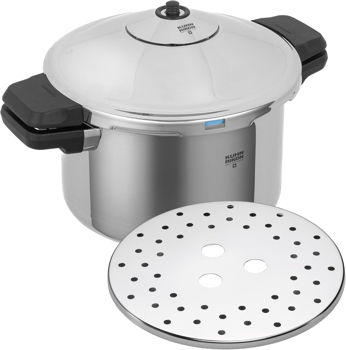 Kuhn Rikon DUROMATIC® 5.0L Stovetop Pressure Cooker \u2013 22cm, Swiss Made \u2013 18\/10 Stainless Steel, Energy Efficient, Safe Locking Lid, Works on Induction & All Stovetops, Includes Trivet & Cookbook