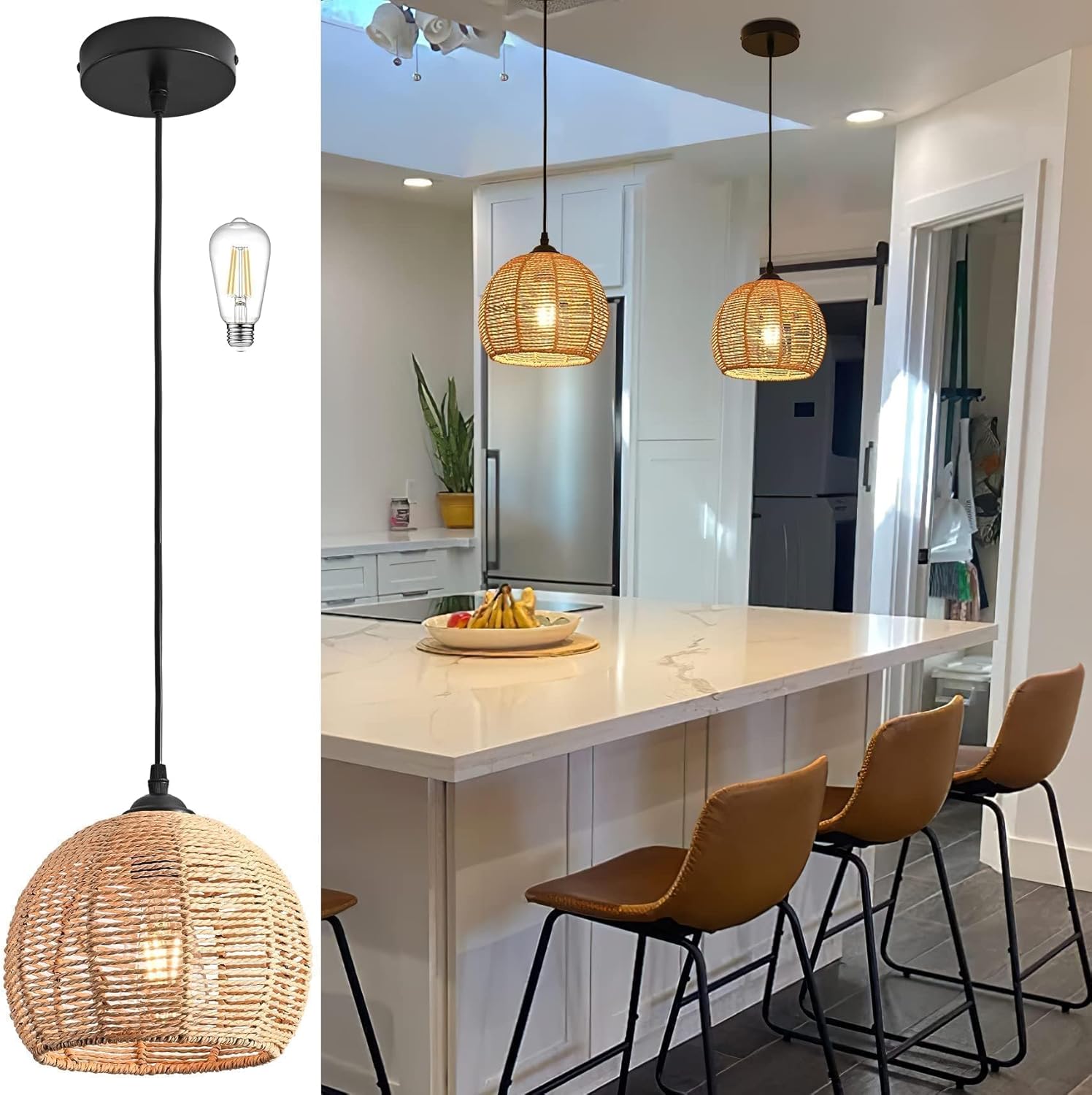 AyshwillDec Mini Hemp Rope Woven Pendant Light Woven Light Fixture Boho Chandelier Light Fixture Wicker Pendant Light Rattan Light Pendant Dome Wicker Chandelier for Bedroom Kitchen Island(Bulb Incl.)