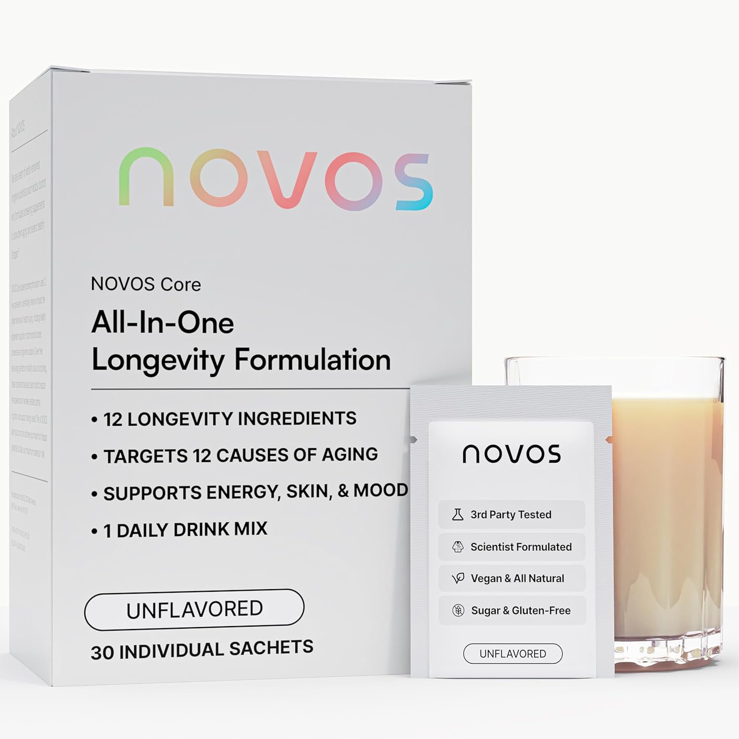 NOVOS Core Longevity Mix, Anti-Aging Supplement, Drink Powder Packet Unflavored - Skin Support, Energy, Mood Support, Sleep and Cognition Support - 30 Servings