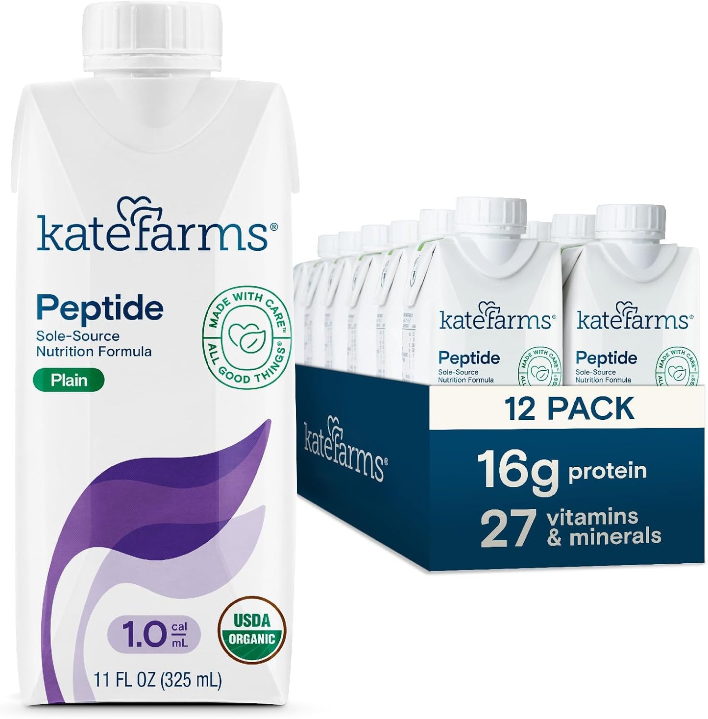 KATE FARMS Organic Adult Peptide 1.0 Formula, Plain, Sole-Source, Hydrolyzed Plant-Based Nutrition for Oral or Tube Feeding, 11 Fl oz (12 Pack)