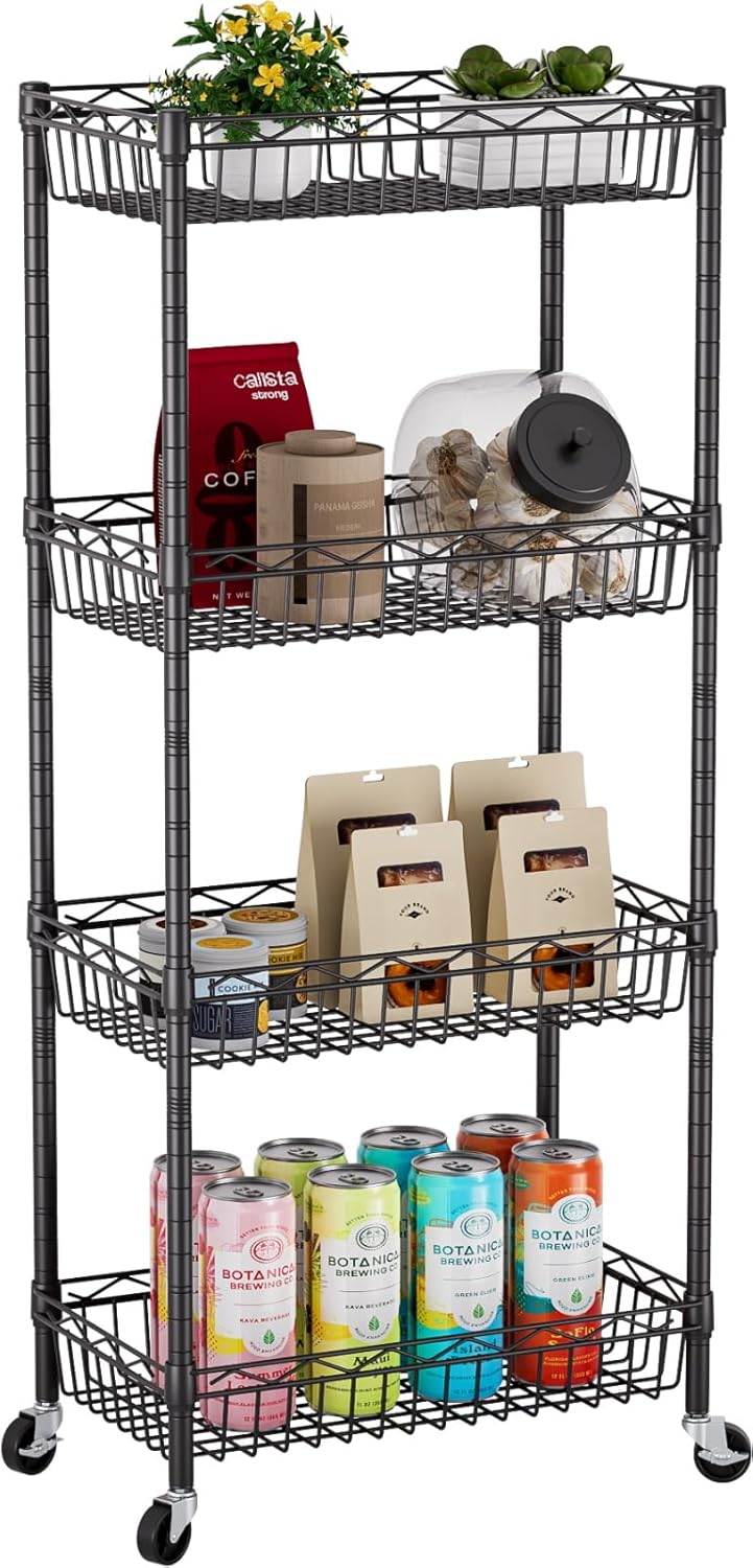 Golpart 4 Tier Shelf Wire Shelving Unit Adjustable Storage Shelves Big Basket Rack Standing Units for Kitchen Closet Laundry Bathroom Organizers Metal Pantry Mesh 10" D x 16" W x 55" H Black