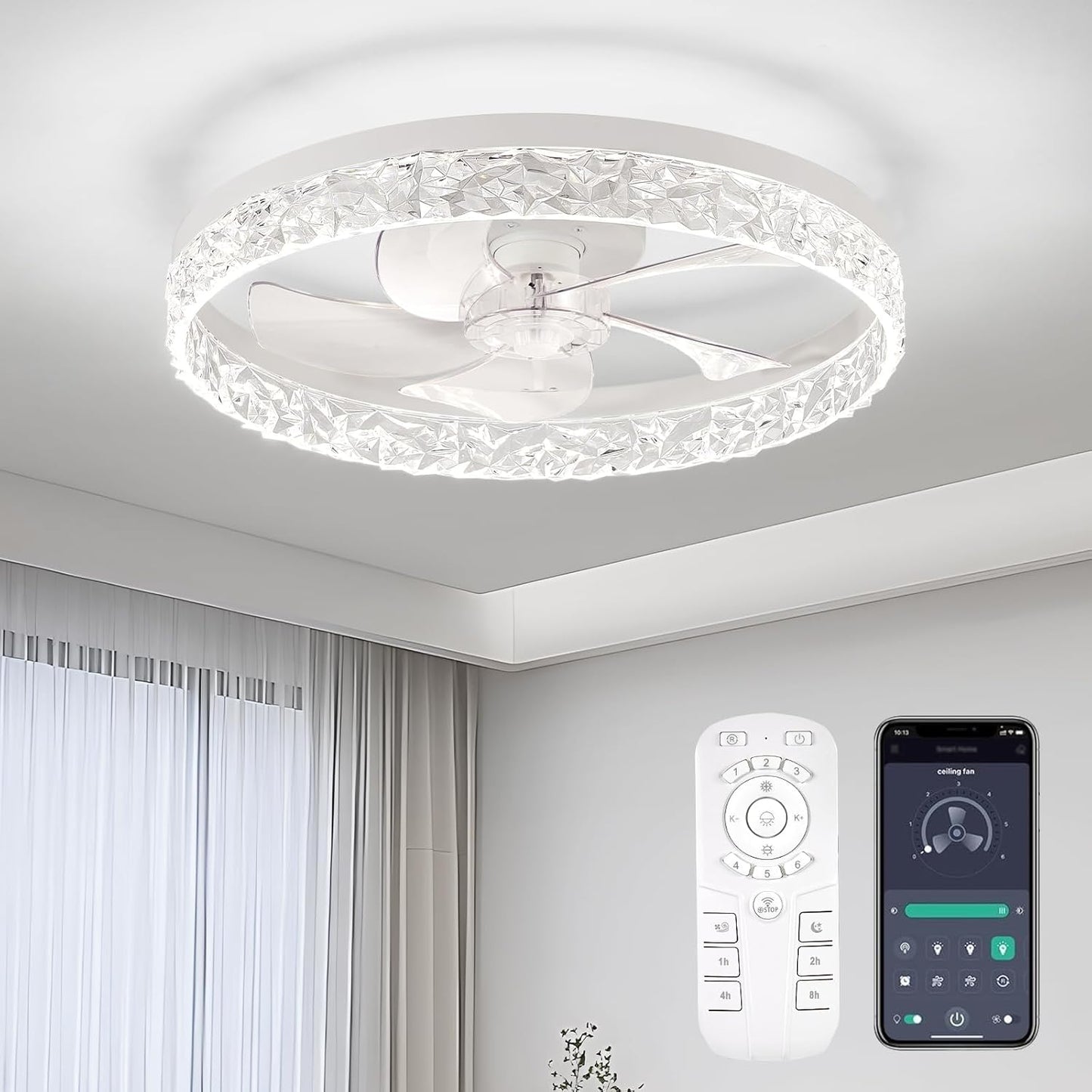 FTZVRD Ceiling Fans with Lights, Flush Mount Ceiling Fan with Lights and Remote, 6 Wind Speeds Low Profile Smart Ceiling Fan for Bedroom, Kids Room, Kitchen and Small Room 20"