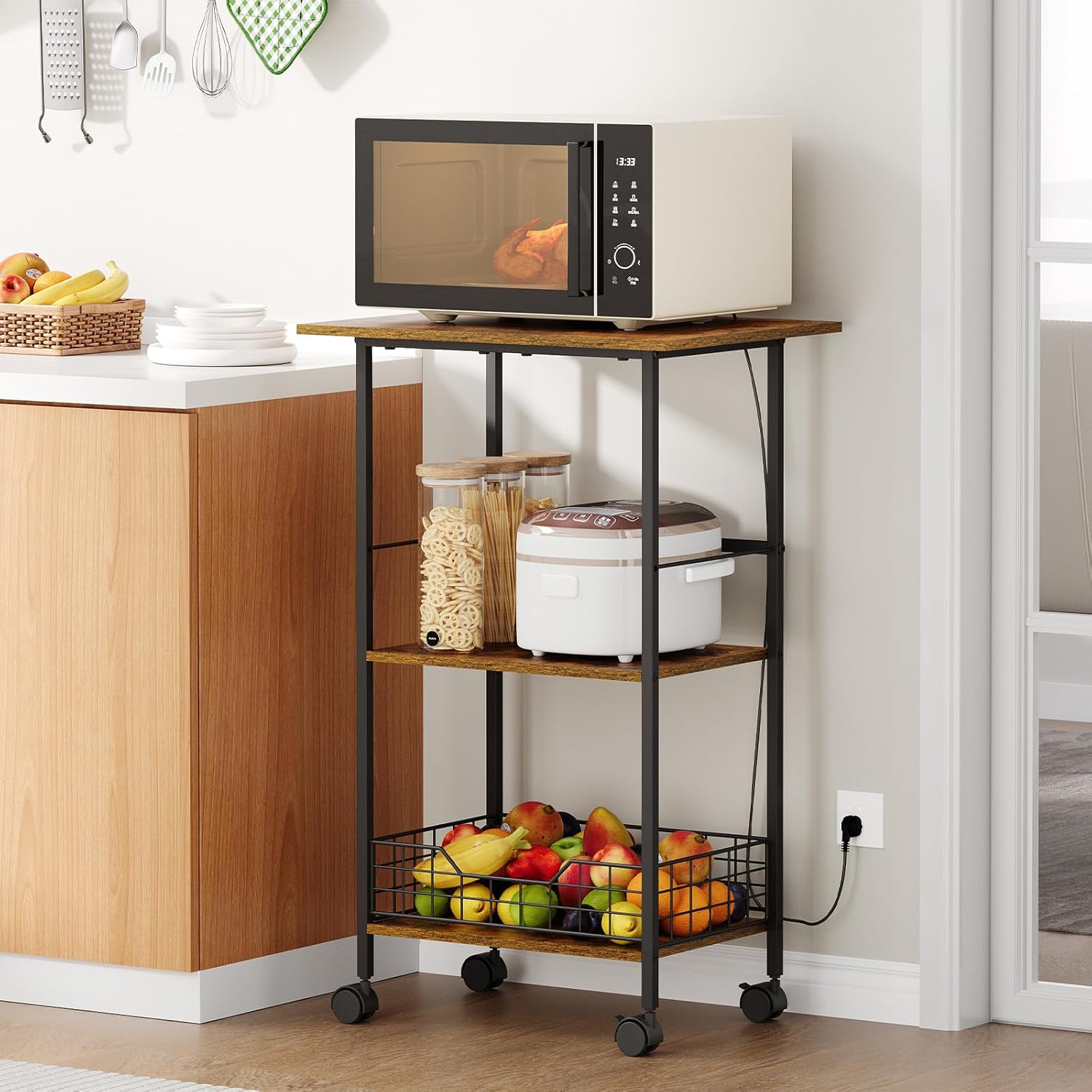 Microwave Cart with Storage, 3-Tier Rolling Kitchen Stand with Wire Basket, Wood and Metal Utility Cart on Wheels, Coffee Bar Station, Small Baker\u2019s Rack As Kitchen Island, Microwave Shelf Organizer